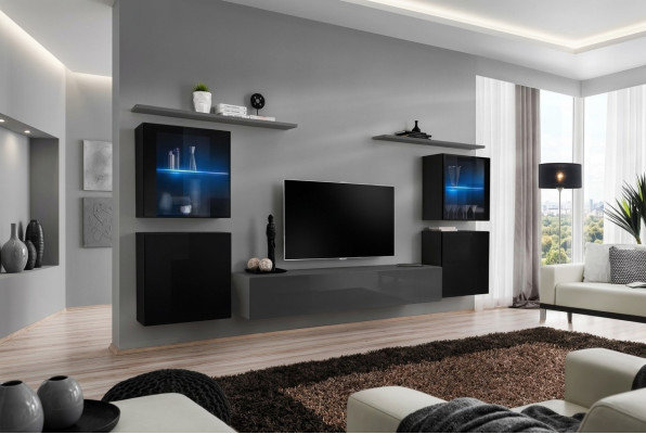 Obývací pokoj nábytek Set 7 kusů Designér Luxus Šedý Komoda Obývací stěna Nový