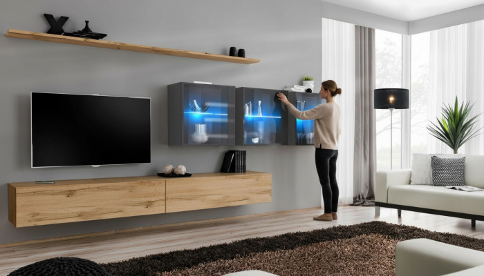 Komplett 7tlg Wohnwand 340cm TV-Ständer Sideboard Wandschrank Luxus Einrichtung