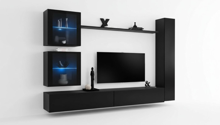 Schwarz Wohnwand Komplett Set Einrichtung Designer Möbel TV-Ständer Modern