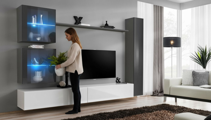 Návrhářská stěna Moderní TV stojan Židle Šedé zařízení Jídelní deska