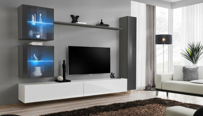 Návrhářská stěna Moderní TV stojan Židle Šedé zařízení Jídelní deska