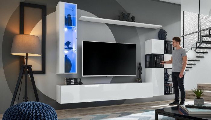 Nástěnná skříň Bílý Obývací pokoj Designový TV Stojan Kompletní 9-dílný Dřevěný nábytek Poličky