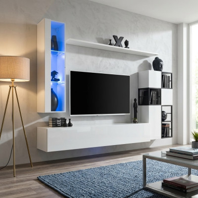 Nástěnná skříň Bílý Obývací pokoj Designový TV Stojan Kompletní 9-dílný Dřevěný nábytek Poličky
