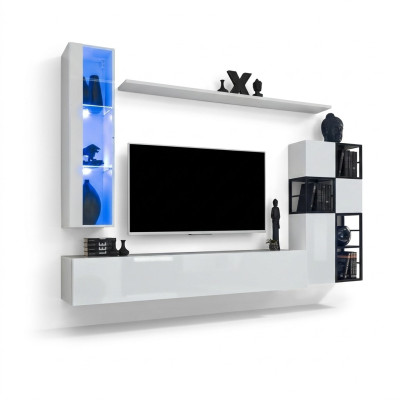 Nástěnná skříň Bílý Obývací pokoj Designový TV Stojan Kompletní 9-dílný Dřevěný nábytek Poličky