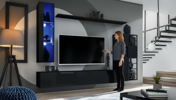 Garnitur obývacího pokoje stěnová jednotka 250 cm černá zařízení dřevěný nábytek skříň na zeď