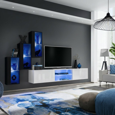 Neu Wohnwand Schwarz 3x Wandschrank Einrichtung TV-Ständer Modern Set