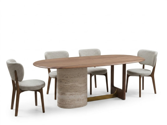 Design jídelního setu 5ks. Moderní vybavení, dřevěný stůl, 4x židle, nový set.
