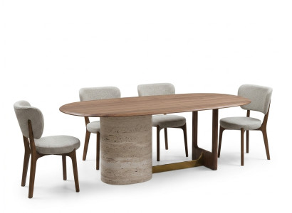 Design jídelního setu 5ks. Moderní vybavení, dřevěný stůl, 4x židle, nový set.