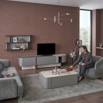 Nábytek ze dřeva pro obývací pokoj, luxusní souprava stěn pro TV s designovými policemi.