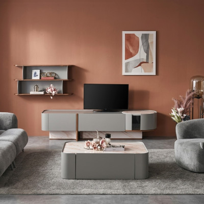 Nábytek ze dřeva pro obývací pokoj, luxusní souprava stěn pro TV s designovými policemi.