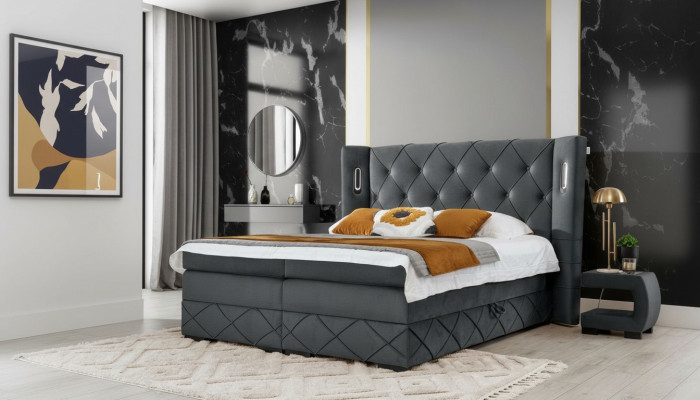 Schlafzimmer Bett Doppel Textil Betten Polster Komplett 2x Nachttische Holz