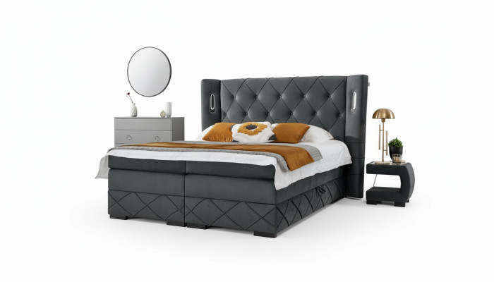 Schlafzimmer Bett Doppel Textil Betten Polster Komplett 2x Nachttische Holz