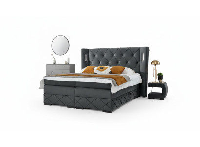 Schlafzimmer Bett Doppel Textil Betten Polster Komplett 2x Nachttische Holz