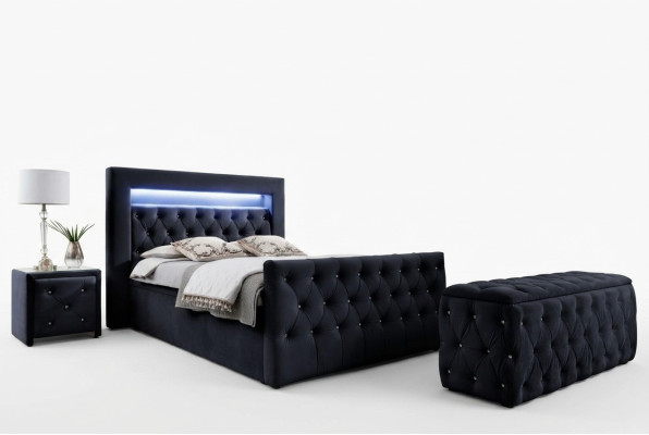 Schwarzes Chesterfield LED-Textilbett 2x Holz Nachttische Hocker 4tlg