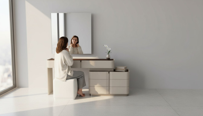 Šminkovací stůl zrcadlo elegantní bílý stolička Kompletní sada Ložnice Nový 3dílný