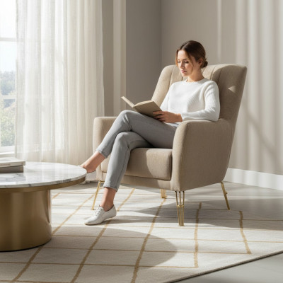 Design sedačka Luxus Beige křeslo Relax dřevo s nerezovou ocelí křeslo nové