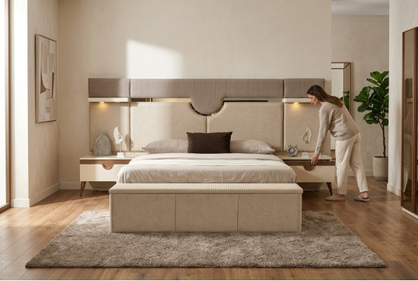 Set 3tlg. Schlafzimmer Garnitur Bett 2x Nachttisch Stil Stilvoll Möbel Betten