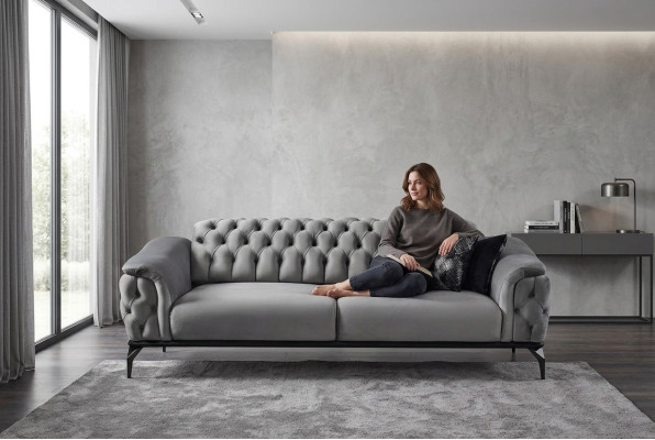 Designer Sofa 3 Sitzer Chesterfield Couch Polster Sofas Design Grau Sitzpolster