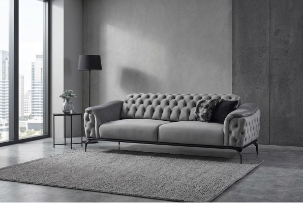 Designer Sofa 3 Sitzer Chesterfield Couch Polster Sofas Design Grau Sitzpolster