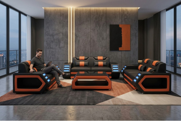 Designer Sofagarnitur Sofa Polster Set 3+2+1 Ledersofa Beleuchtet Leder
