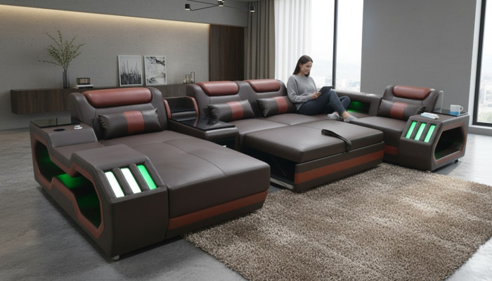 Luxus Ecksofa U-Form Wohnzimmer Sofa mit Bettfunktion Couch Möbel LED