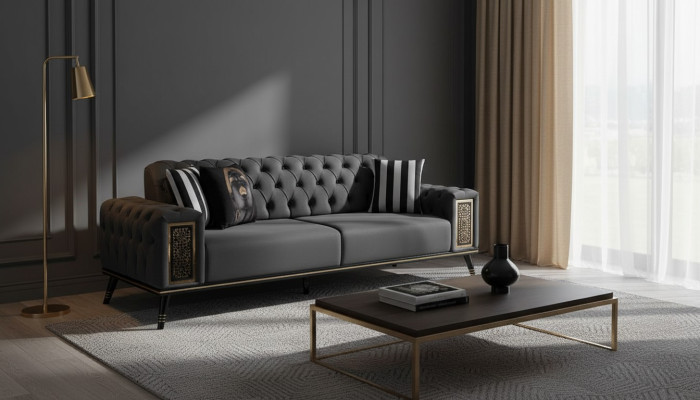 Chesterfield Schwarz-Goldener Dreisitzer Wohnzimmer Luxus 3-Sitzer Möbel