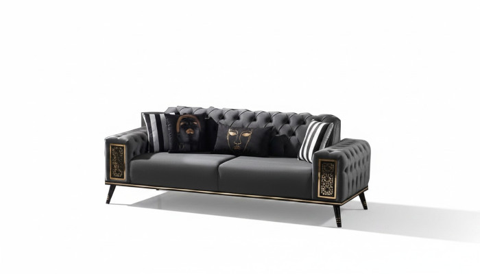Chesterfield Schwarz-Goldener Dreisitzer Wohnzimmer Luxus 3-Sitzer Möbel