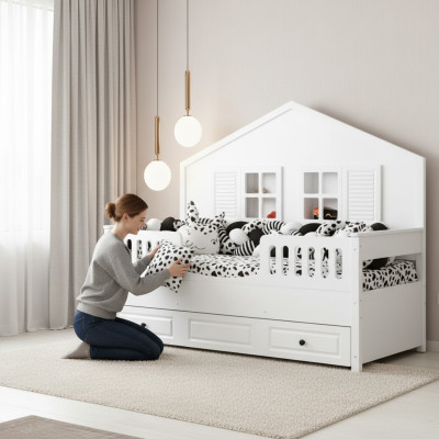 Kinderbett Holzbett Funktionsbett Ausziehbares Weiß Holz Bett 90 x 200