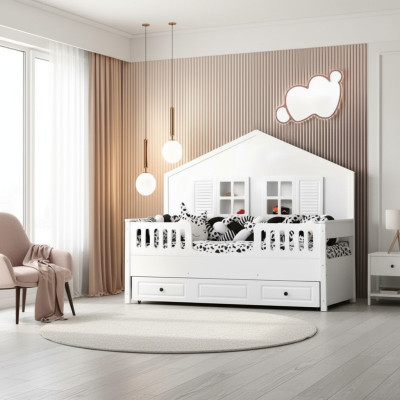 Kinderbett Holzbett Funktionsbett Ausziehbares Weiß Holz Bett 90 x 200