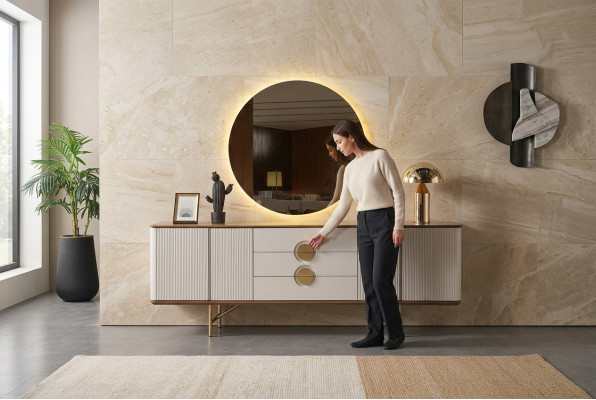 Perfekte Esszimmer Set Besteht aus Beige Anrichte und Spiegel 2tlg. neu
