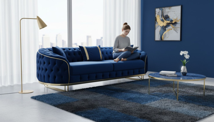 Modré Chesterfieldová pohovka designérský obývací pokoj třísedadlová nábytek ze nerezové oceli.