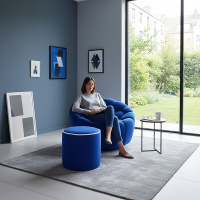 Blauer Sessel Designer Wohnzimmer Set 2tlg Exklusiver Polster Hocker