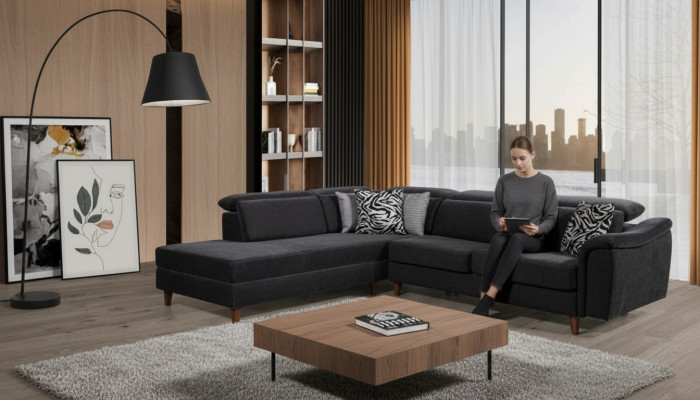 Schwarzes Polster Ecksofa L-Form Couch Wohnzimmer Wohnlandschaft Neu