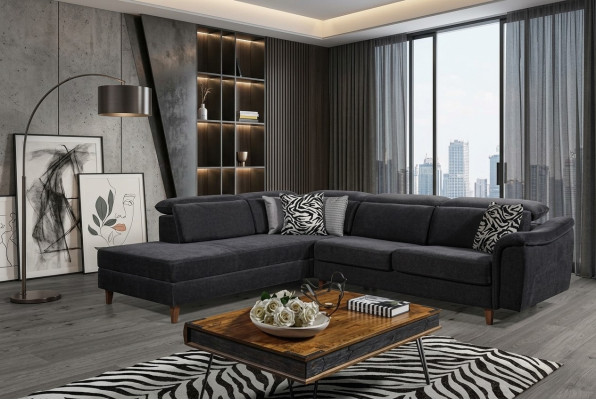 Schwarzes Polster Ecksofa L-Form Couch Wohnzimmer Wohnlandschaft Neu