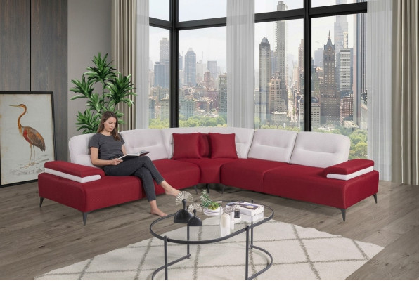 Rotes Stilvolles Ecksofa L-Form Couch Designer Wohnzimmer Holz Garnitur