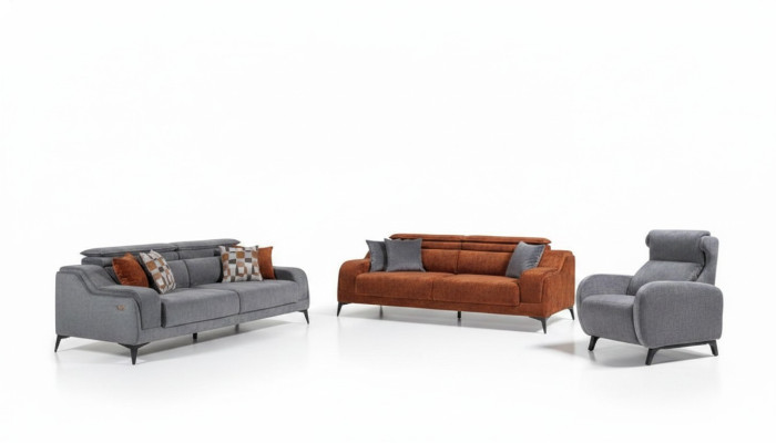 Grau-Orange Wohnzimmer Sitz Möbel Exklusiver 3-Sitzer Luxus Einsitzer