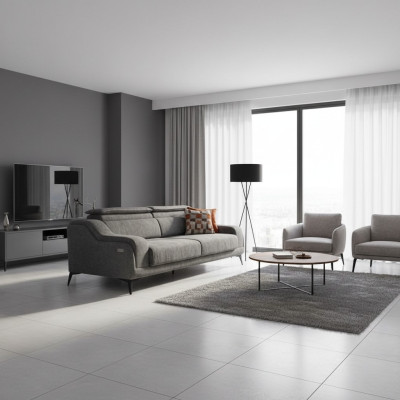 Luxusní šedá textilní pohovka designéra 3místná obývací místnost trojsedačka.