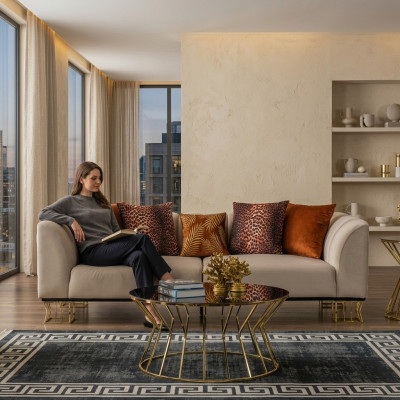 Polster 3-Sitzer Exklusiver Beiger Wohnzimmer Dreisitzer Luxus Couchen