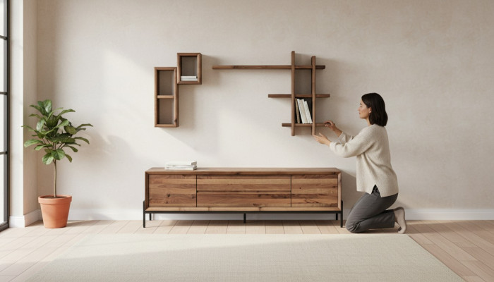 Braunes Modernes 3-türiges Sideboard mit Regalen Wohnzimmer Holz Möbel