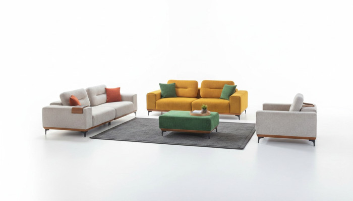 Großes Wohnzimmer Set 3 Textil Sofas Polsterhocker 3x Beistelltische