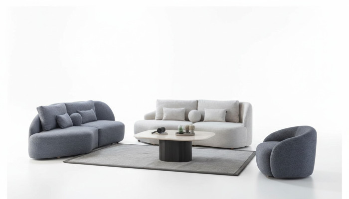 Grau-weiße Wohnzimmer Garnitur 3+3 Sitzer Designer Textilsessel 3tlg