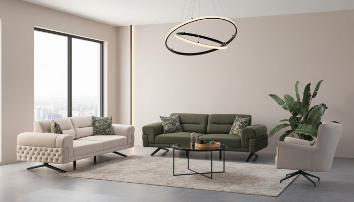 Dunkelgrüne Wohnzimmer Exklusive Couchgarnitur 2x 3-Sitzer Einsitzer Sofa