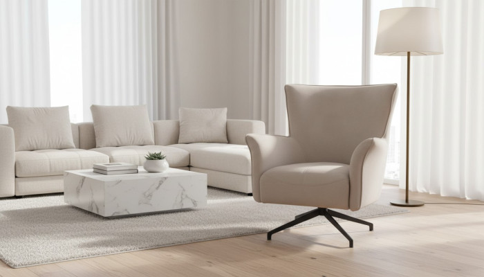 Beiger Wohnzimmer Einsitzer Designer Relax Polster Sessel Metallfüße