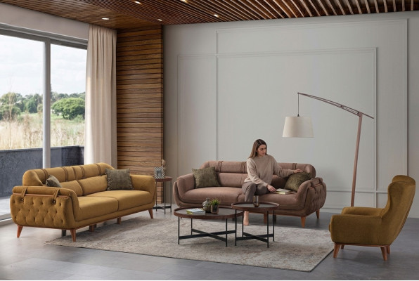Chesterfield Braue Garnitur Wohnzimmer Sofas 2x Dreisitzer Sessel Möbel