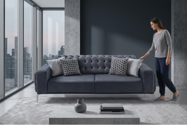 Chesterfield Grauer 3-Sitzer Wohnzimmer Dreisitzer Textil Couchen Neu