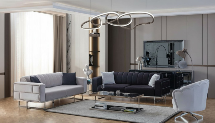 Graue Wohnzimmer Couchen Designer Polster Dreisitzer Textil Sessel 3tlg
