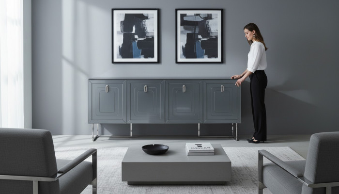 Šedá obývací sestava Luxus Dřevěný nábytek 4-dveřová designová komoda