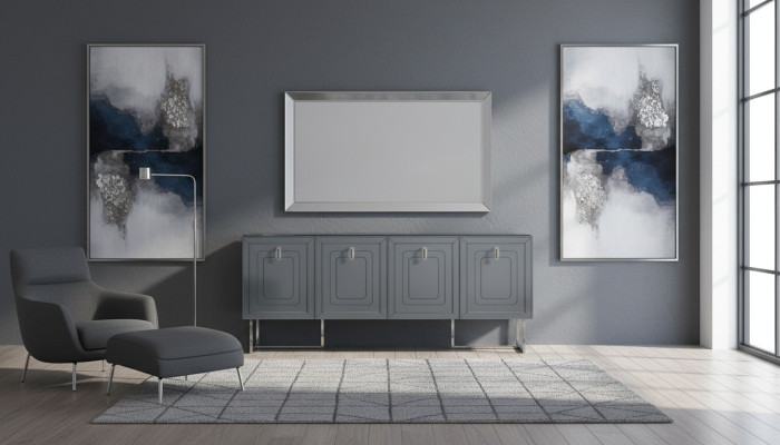Šedá obývací sestava Luxus Dřevěný nábytek 4-dveřová designová komoda