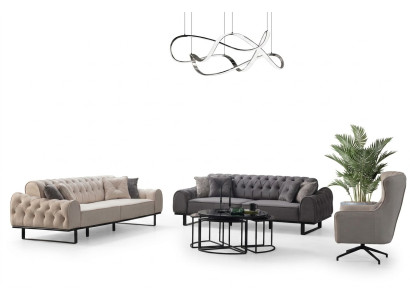 Weiß-Graue Chesterfield Couchgarnitur Designer Polster Sessel 3tlg Set