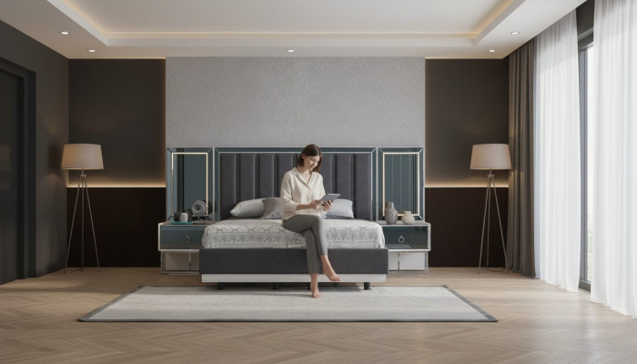 Graue Schlafzimmer Garnitur Edelstahlbett 2x Holz Nachttische 3tlg Set
